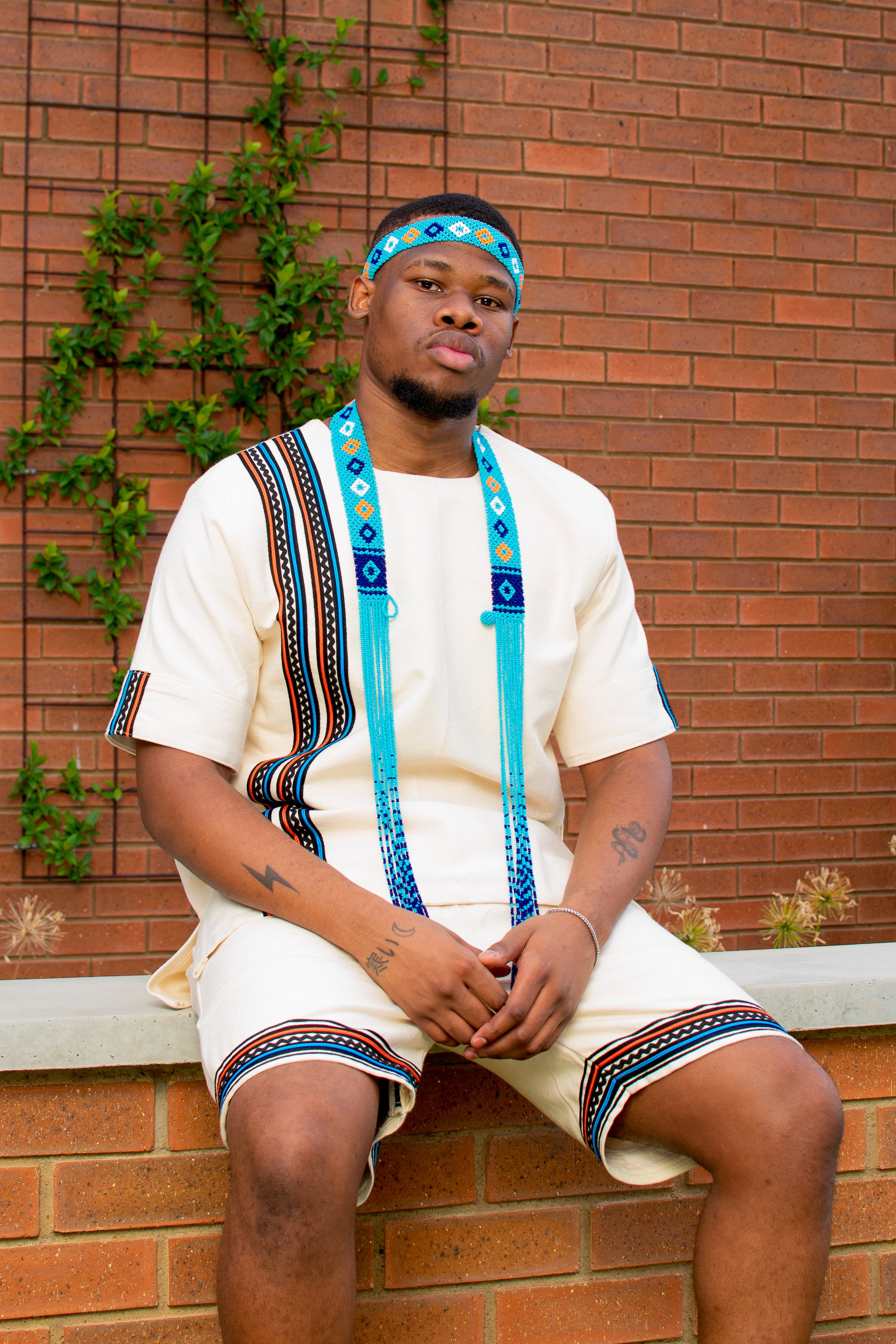 Cream, turquoise and mustard men’s 2 piece ensemble