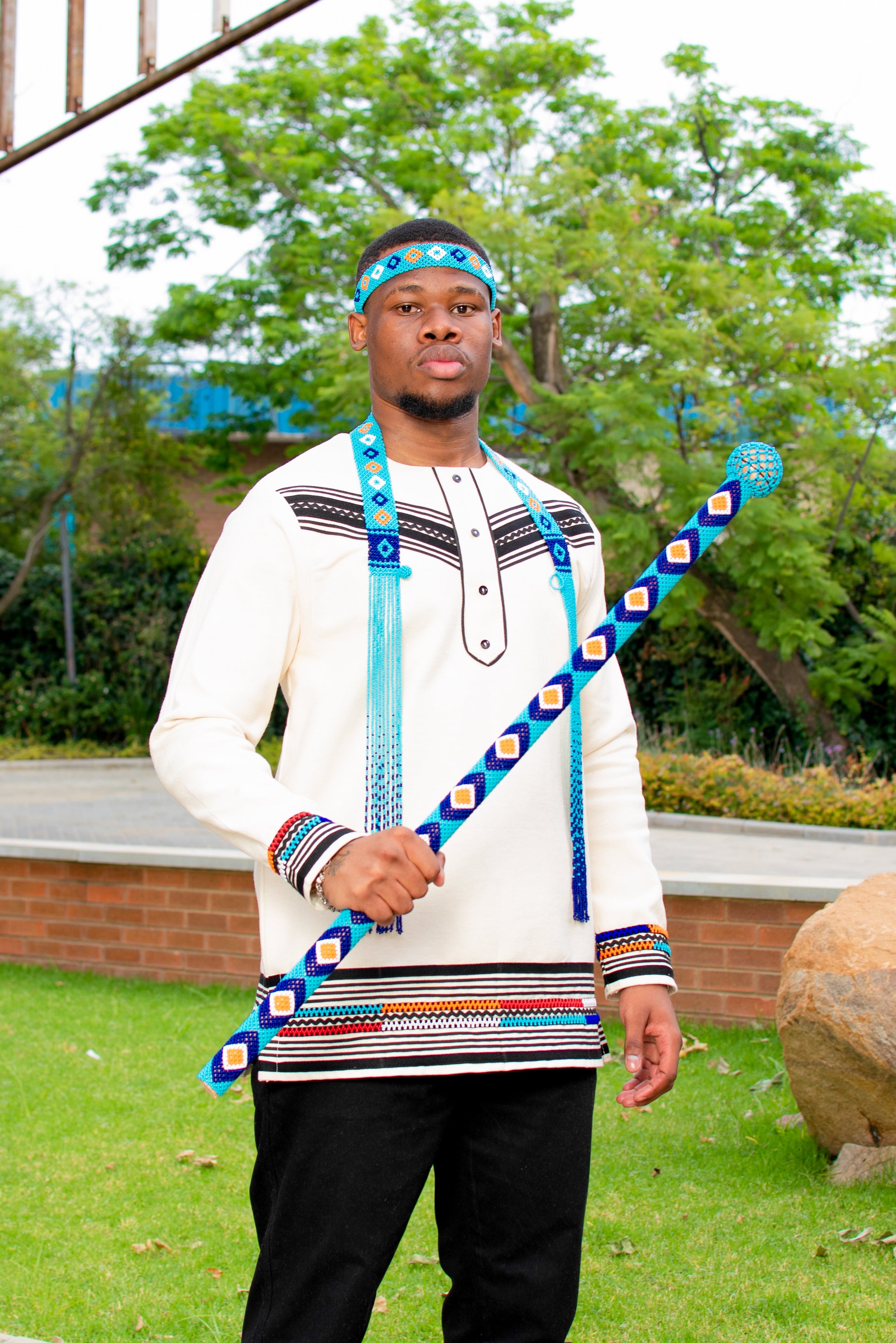 Cream and Black, multicolour beaded men’s long sleeve shirt