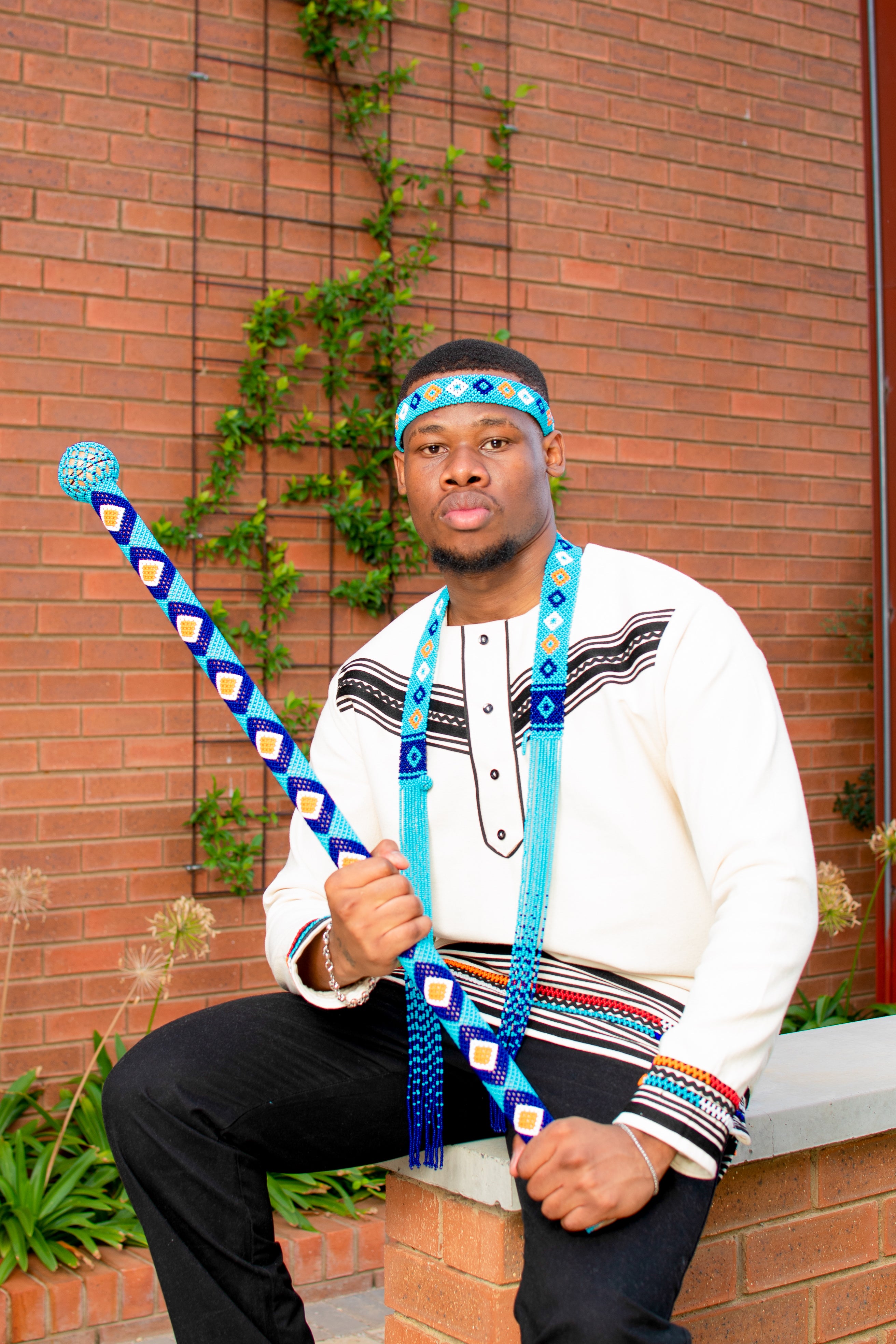 Cream and Black, multicolour beaded men’s long sleeve shirt