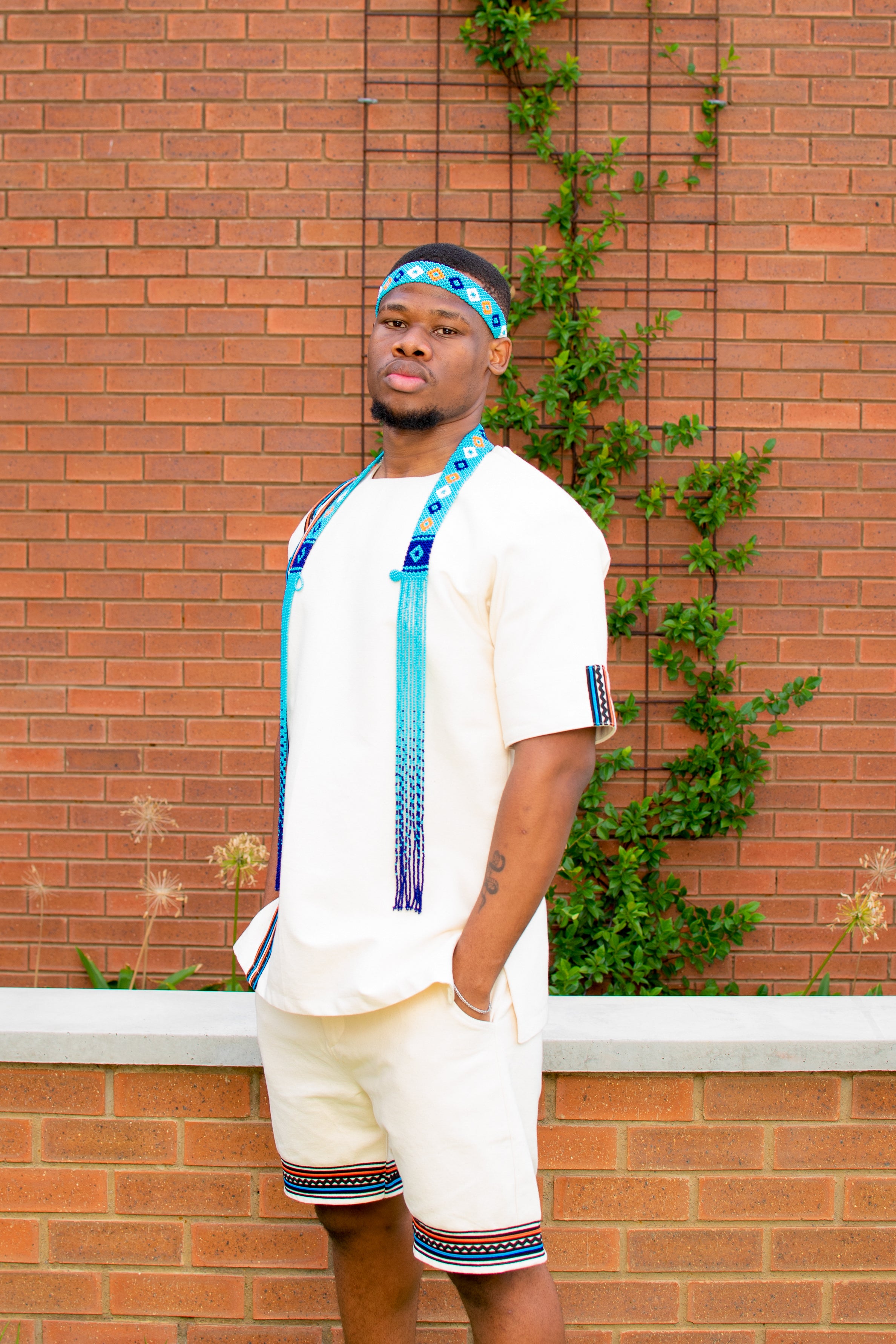 Cream, turquoise and mustard men’s 2 piece ensemble