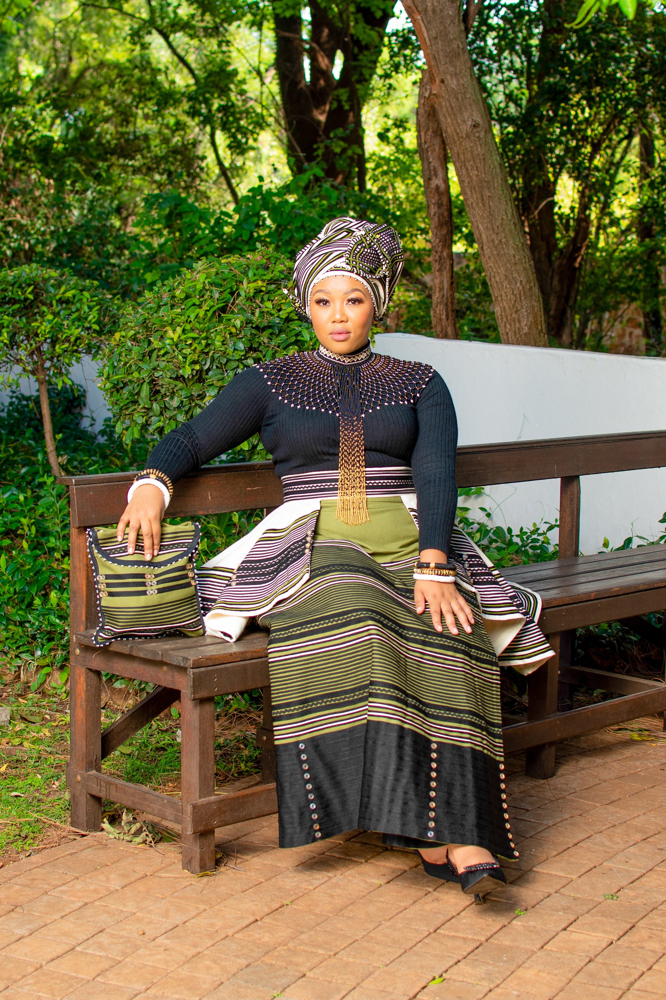 Cream and Olive Green 5 piece ladies ensemble