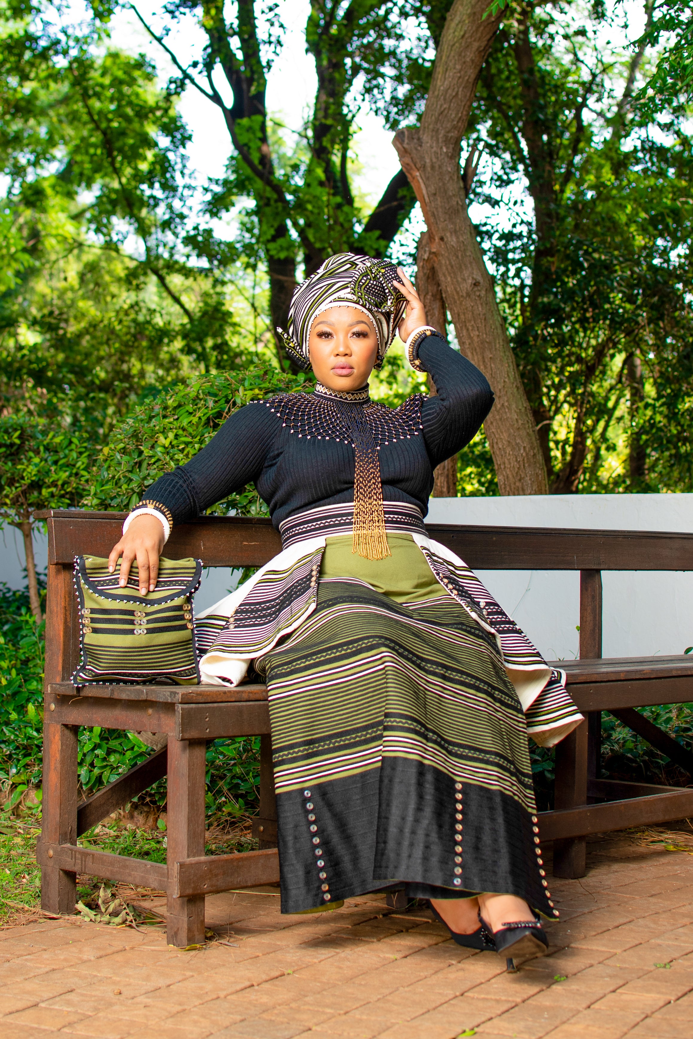 Cream and Olive Green 5 piece ladies ensemble