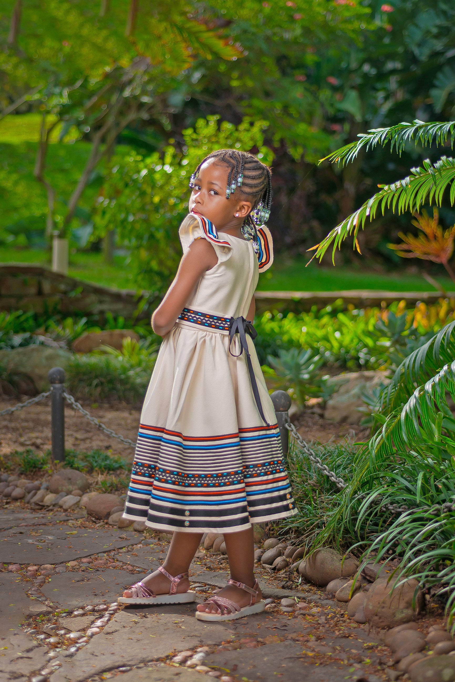 Cream, turquoise and orange girls dress