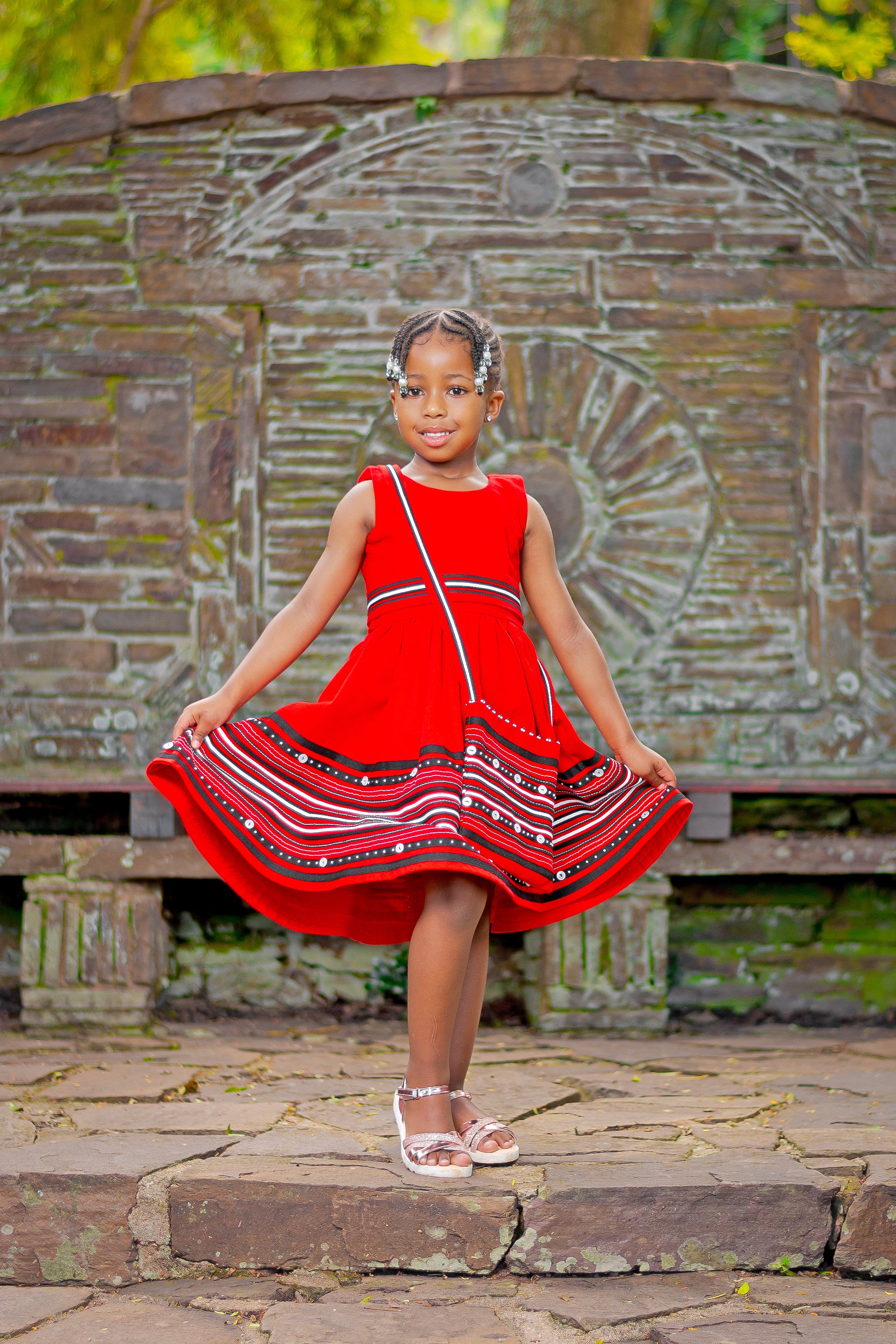 Red, black and white round neck girls dress
