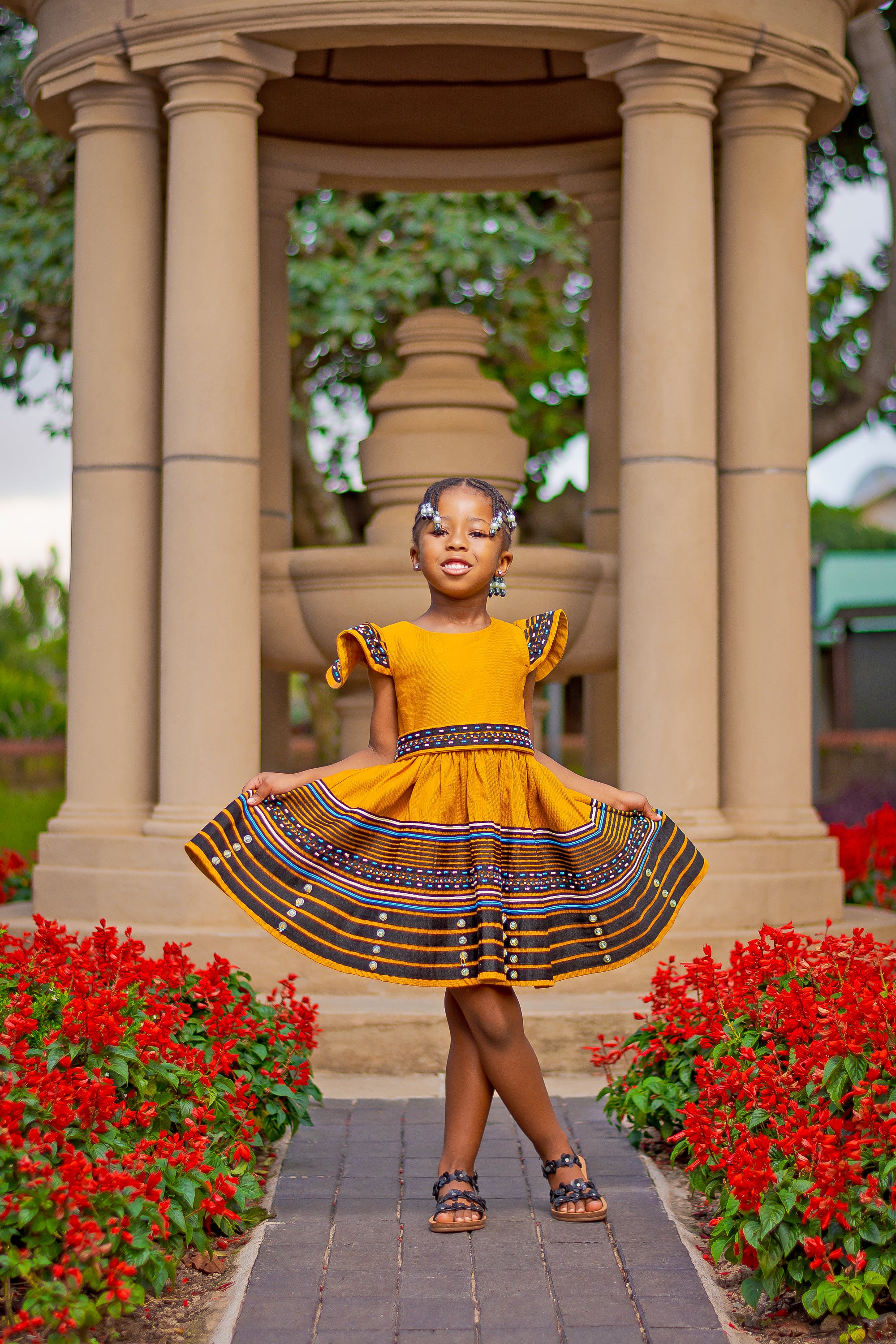 Mustard, black (cream and turquoise) girls dress