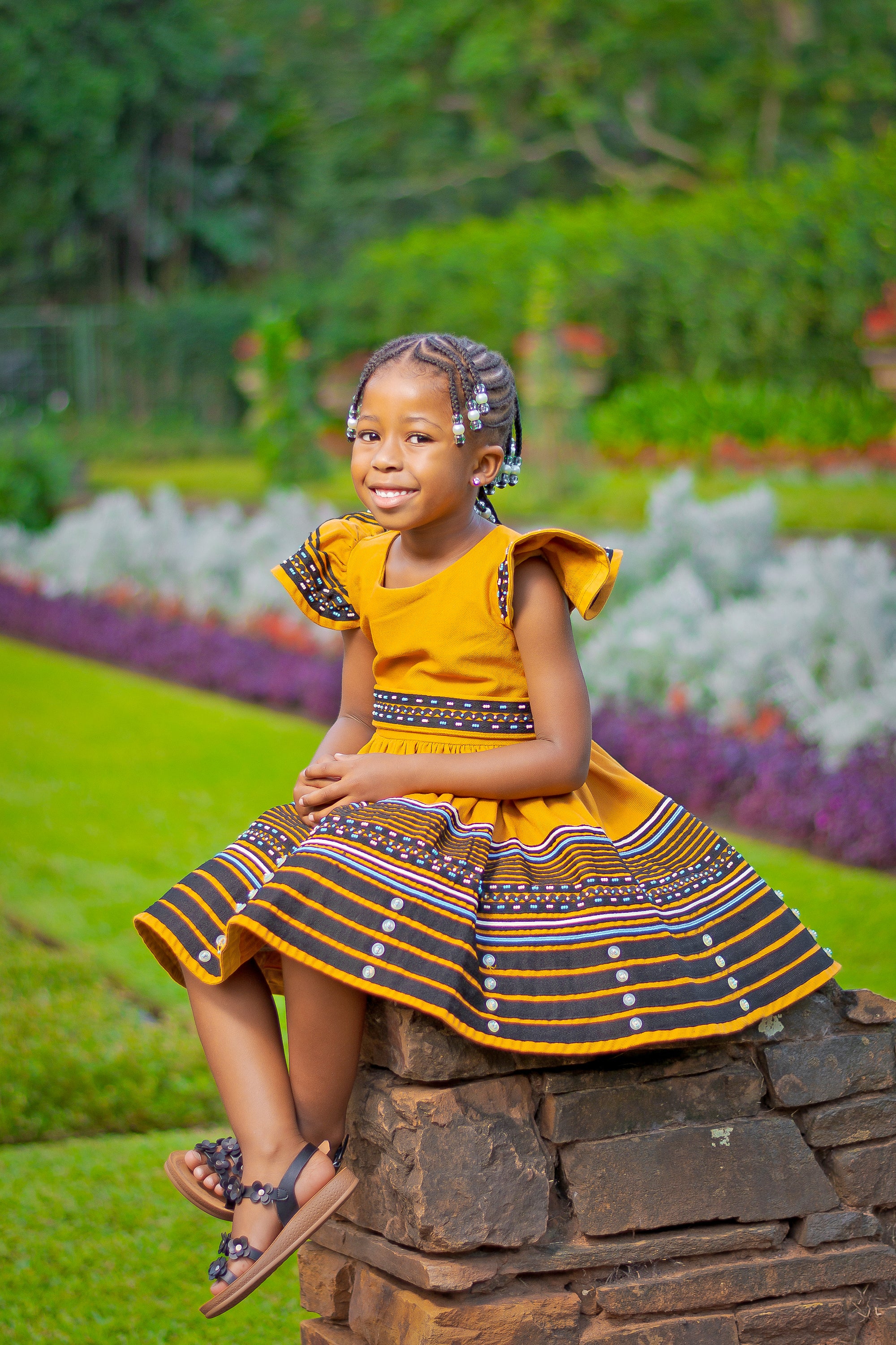 Mustard, black (cream and turquoise) girls dress