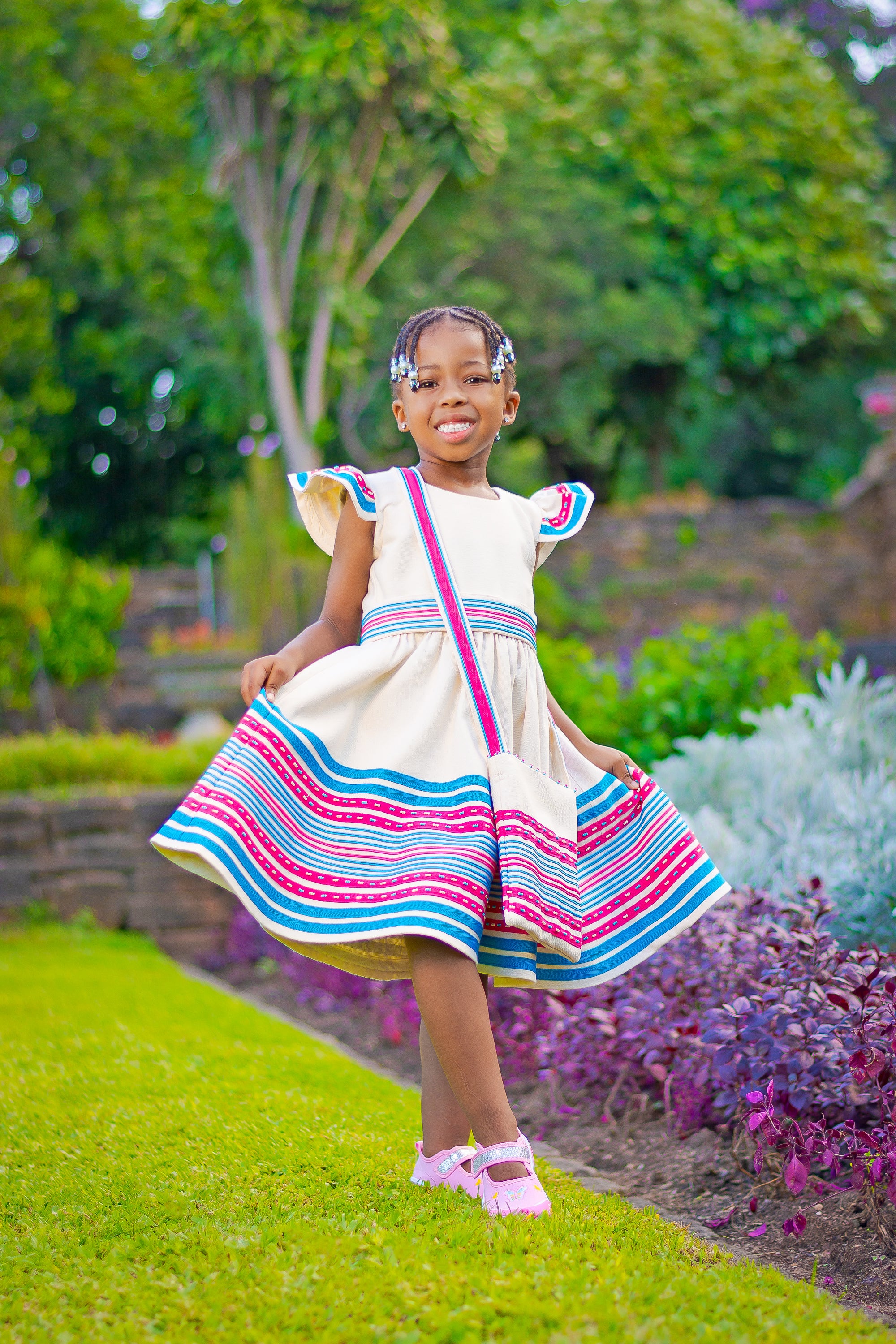 Cream, turquoise and cerise pink girls dress