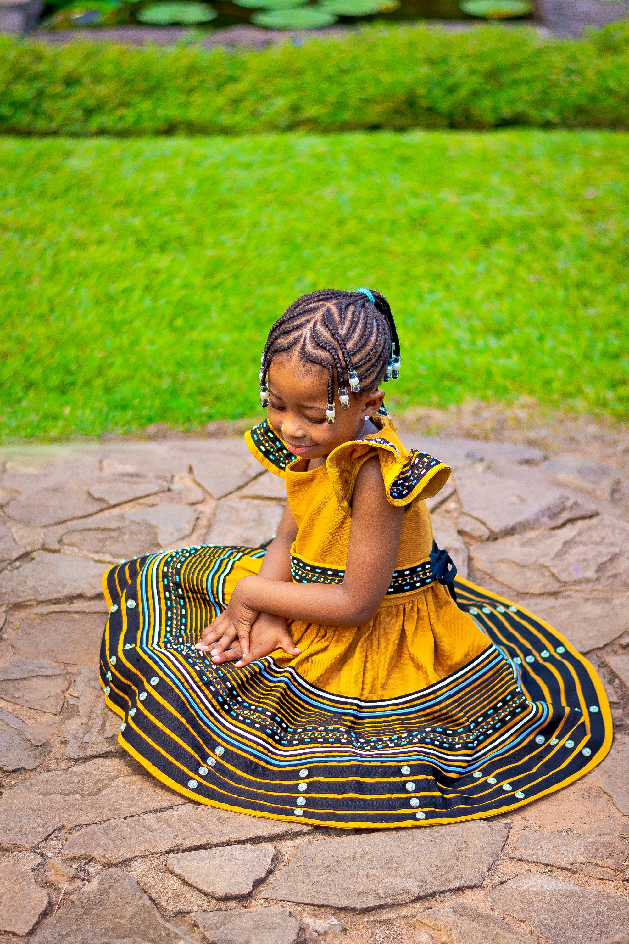 Mustard, black (cream and turquoise) girls dress