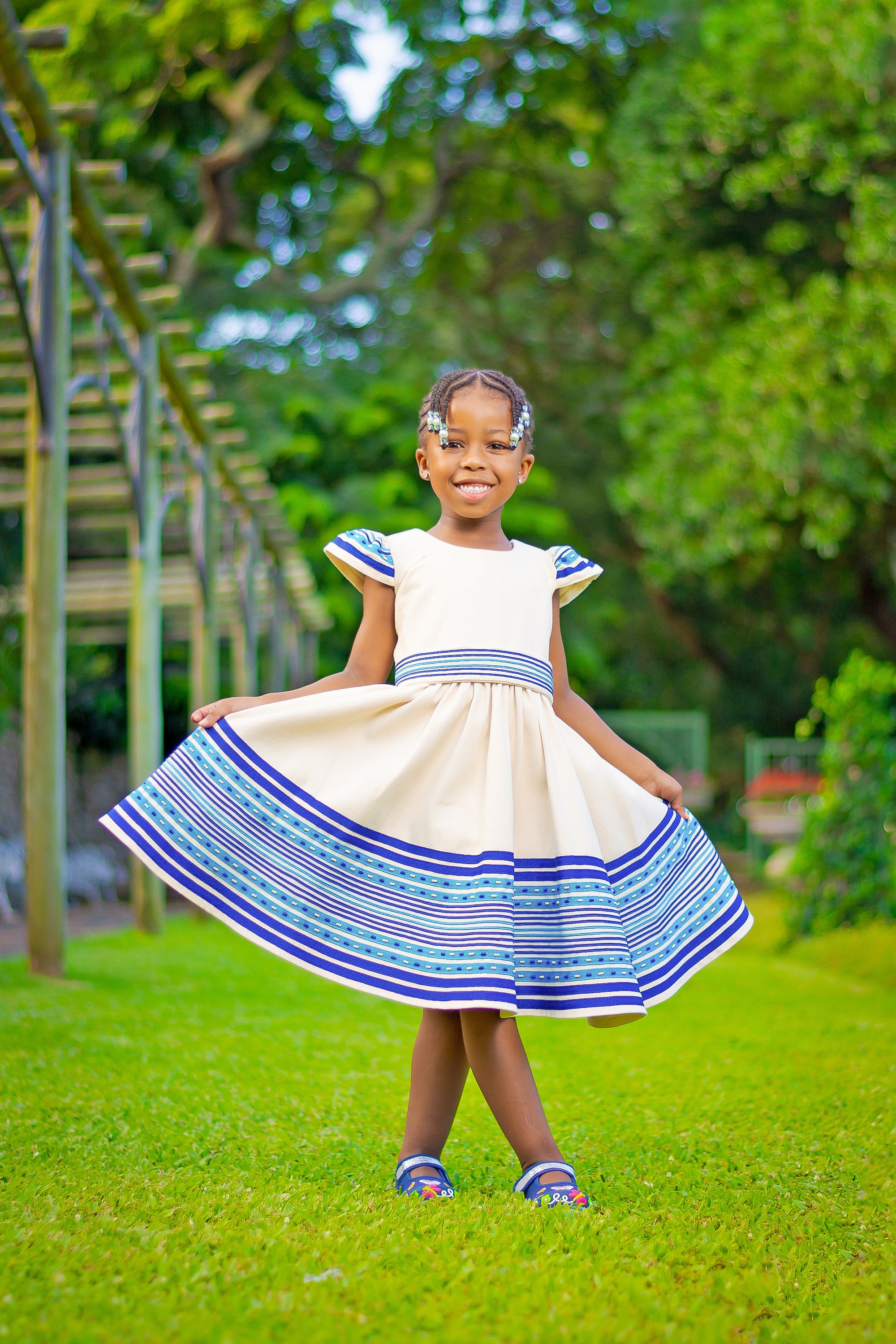 Cream, turquoise and royal blue girls dress