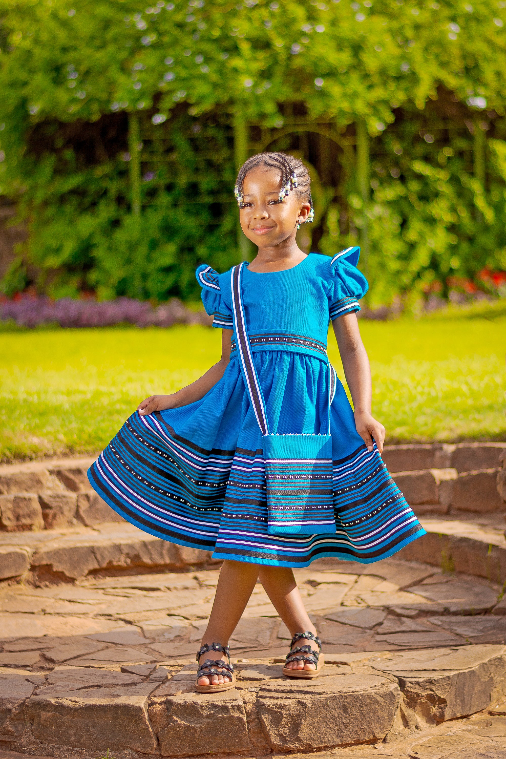 Turquoise, black and white puff sleeve girls dress