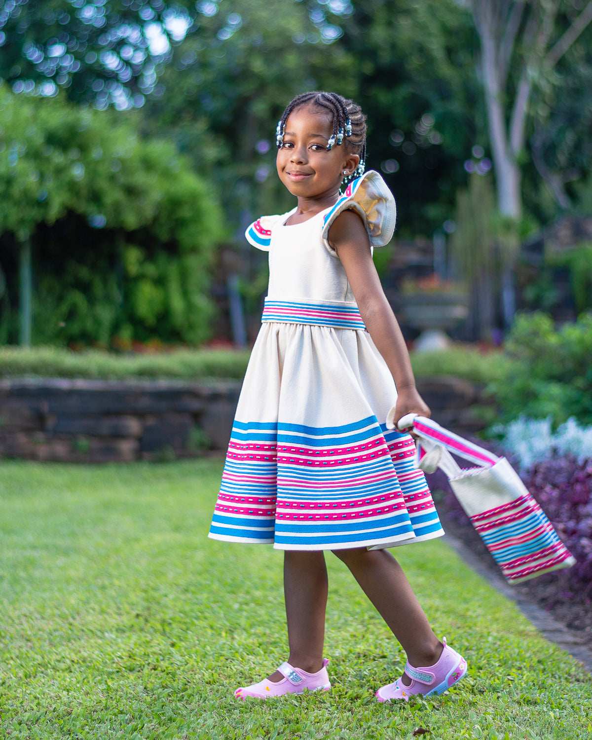 Cream, turquoise and cerise pink girls dress