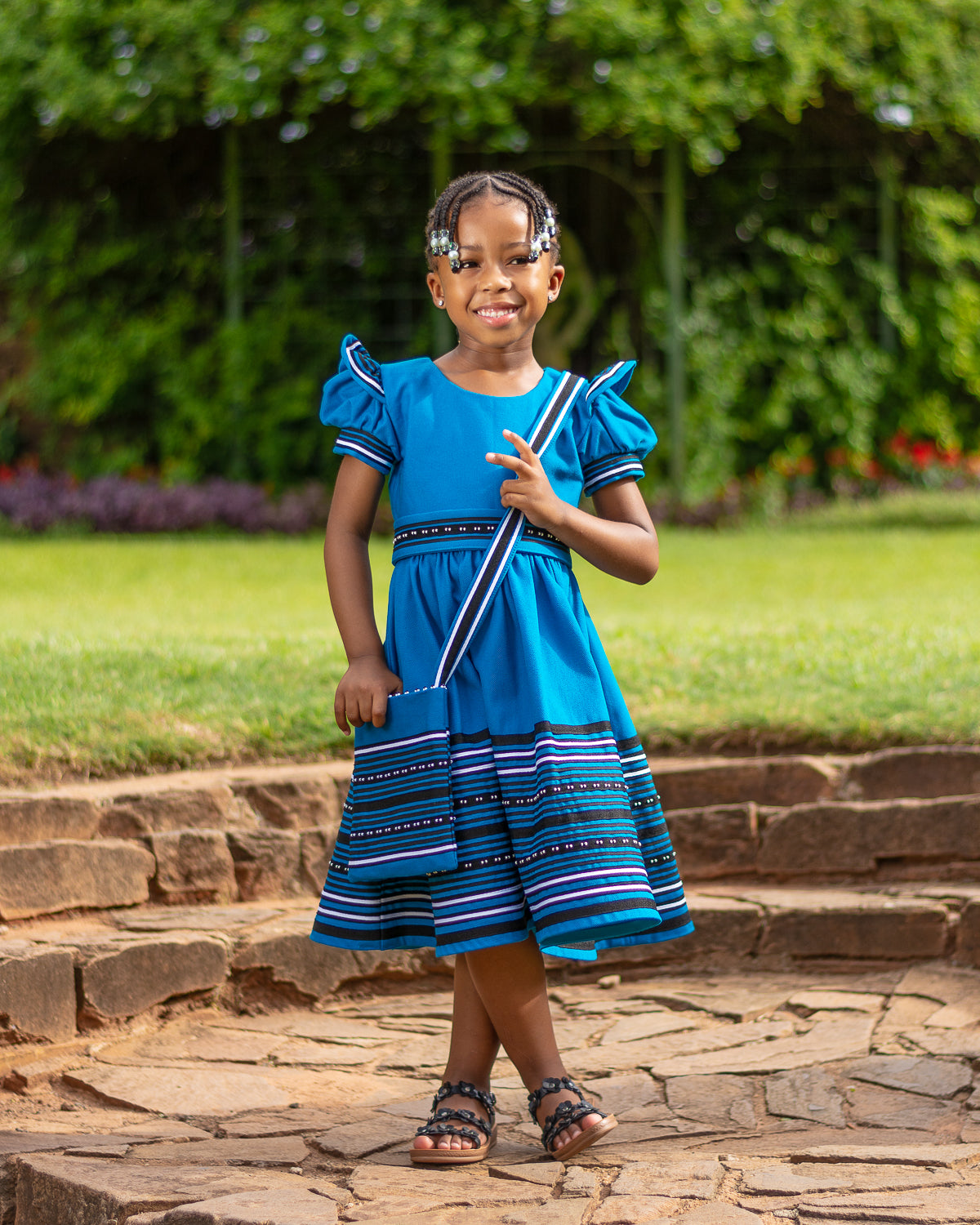 Turquoise, black and white puff sleeve girls dress