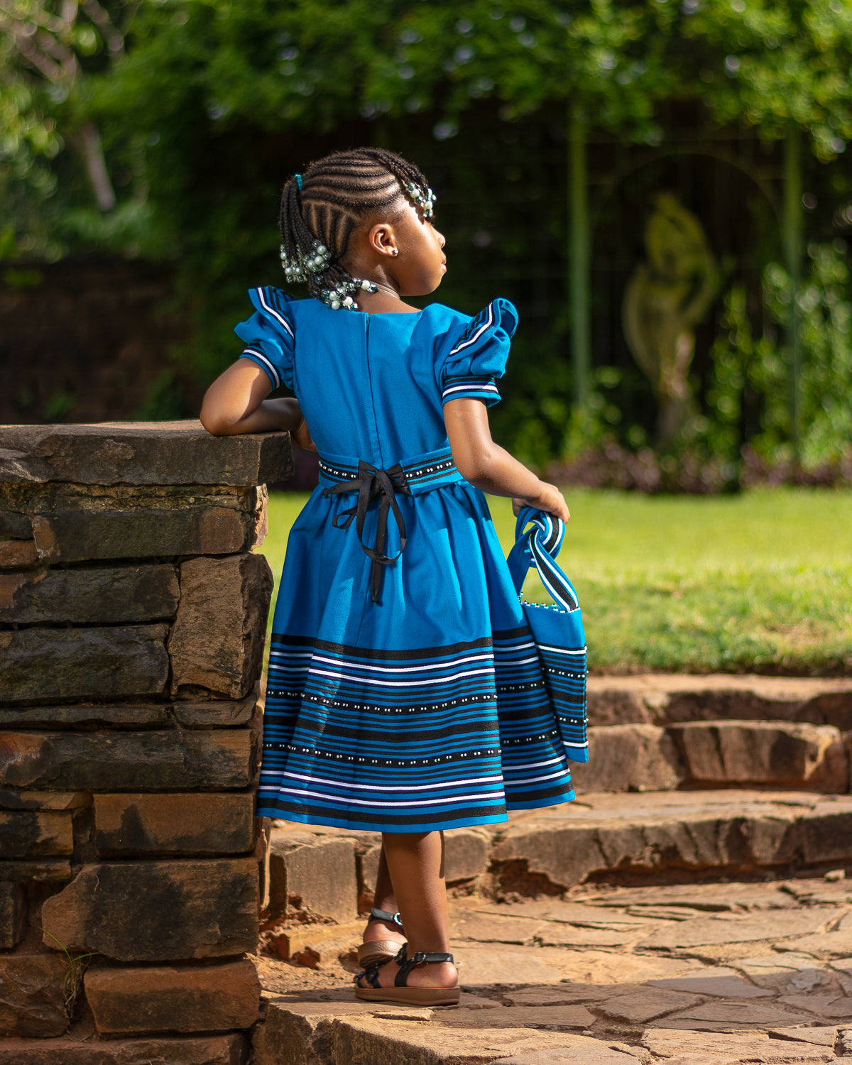 Turquoise, black and white puff sleeve girls dress
