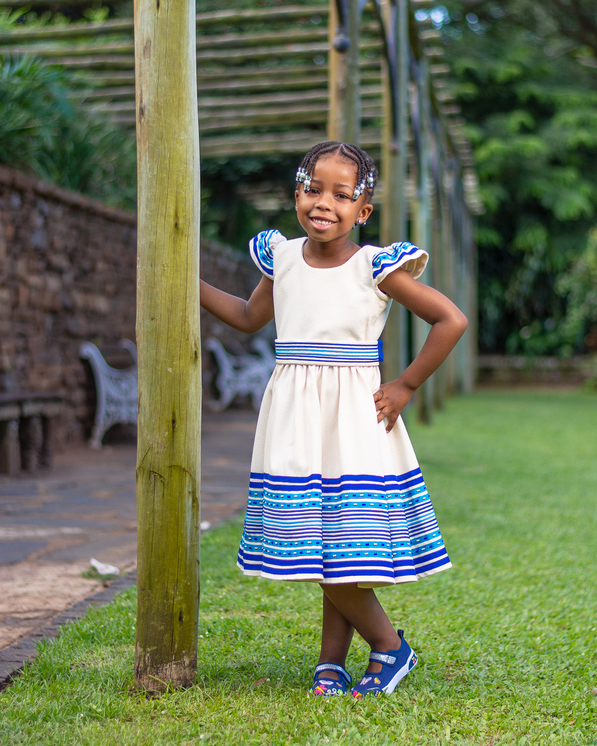 Cream, turquoise and royal blue girls dress