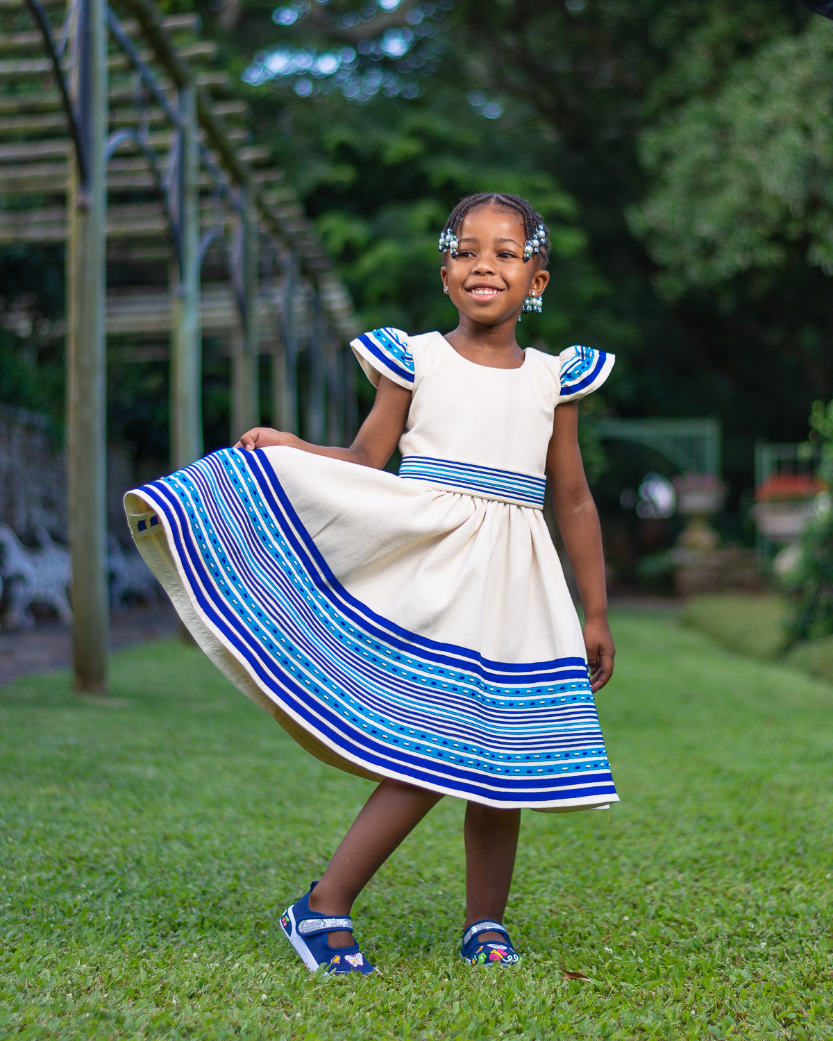 Cream, turquoise and royal blue girls dress