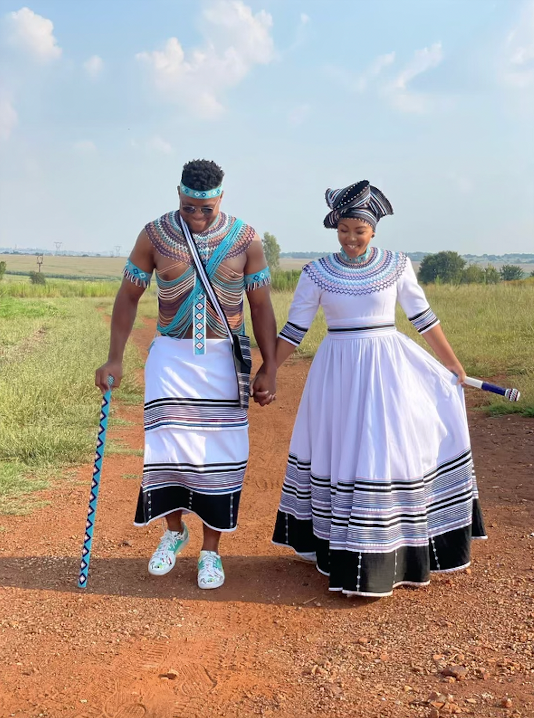 White, black, pink and blue wedding ensemble