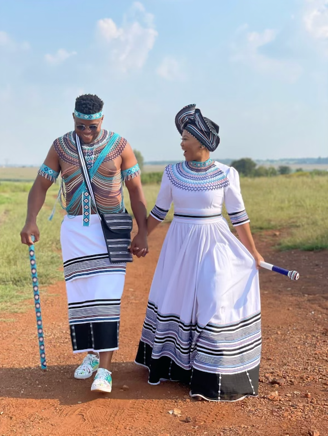 White, black, pink and blue wedding ensemble