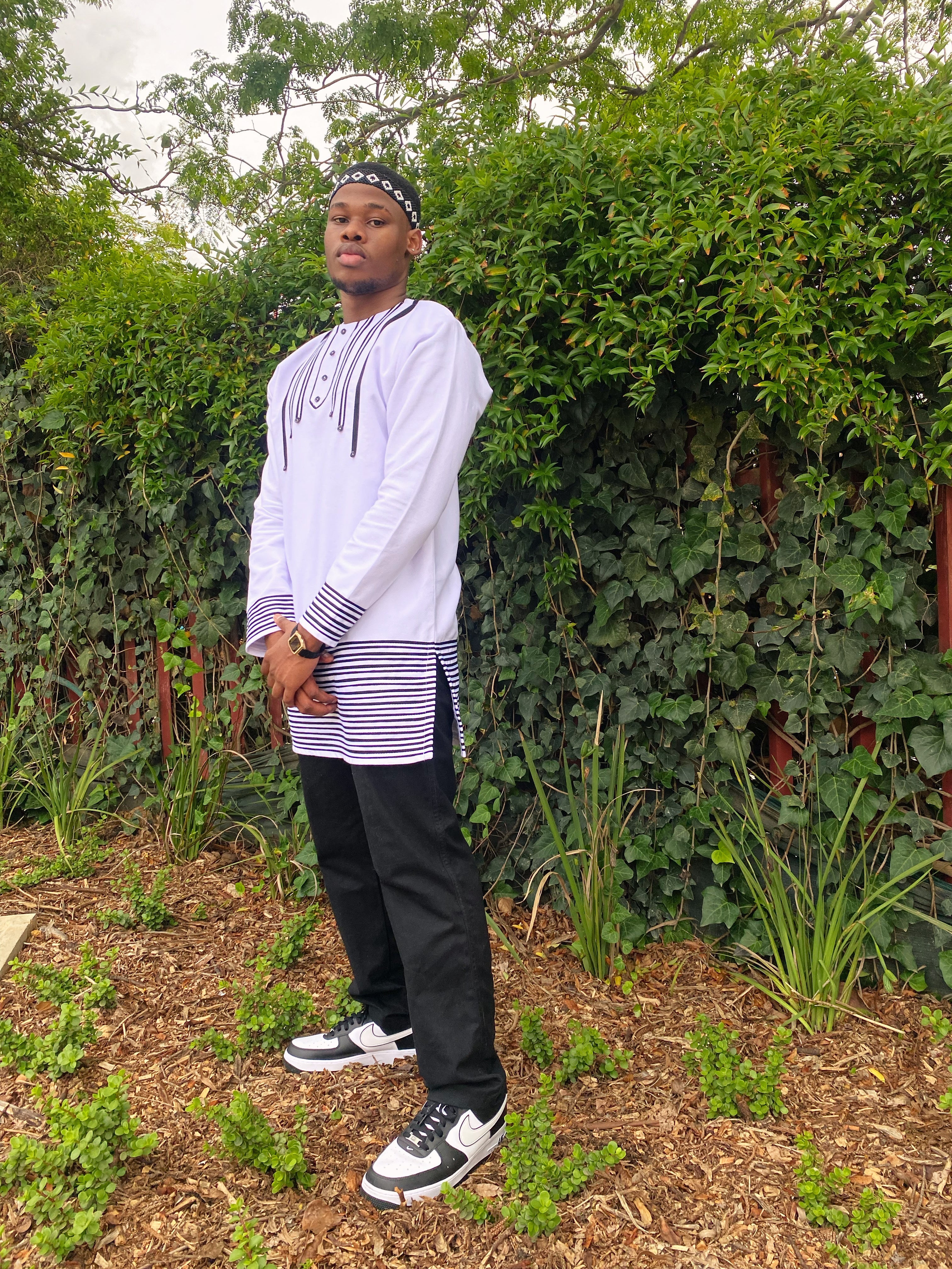 White and black Mkhwenyana shirt