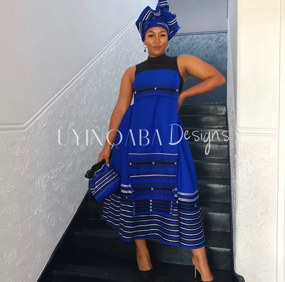 Beaded Headwrap, Ncebetha and drawstring bag. Headwrap R900,Ncebetha R1050 & Bag R700
