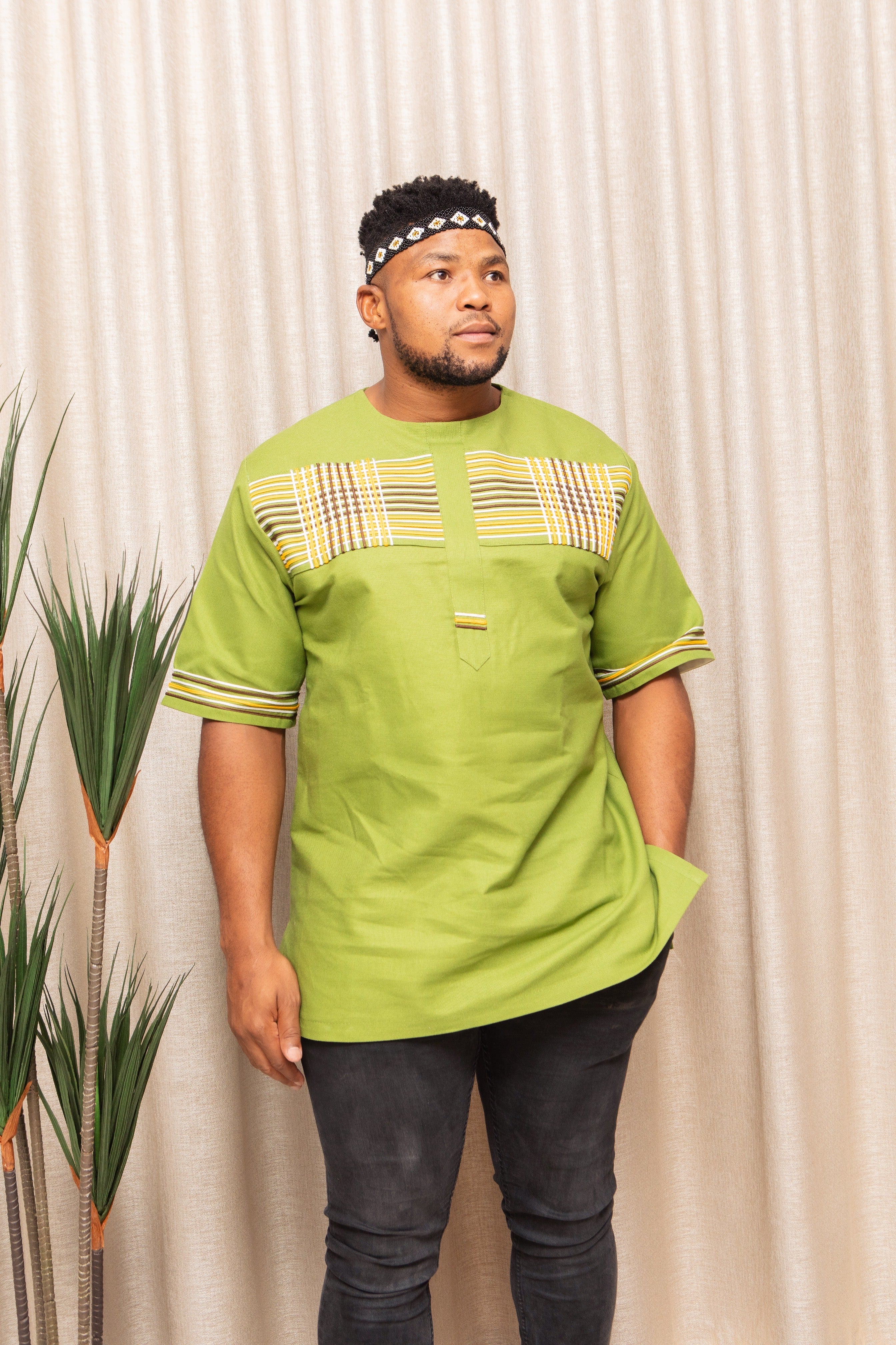 Olive Green, light brown,black & white short sleeve shirt