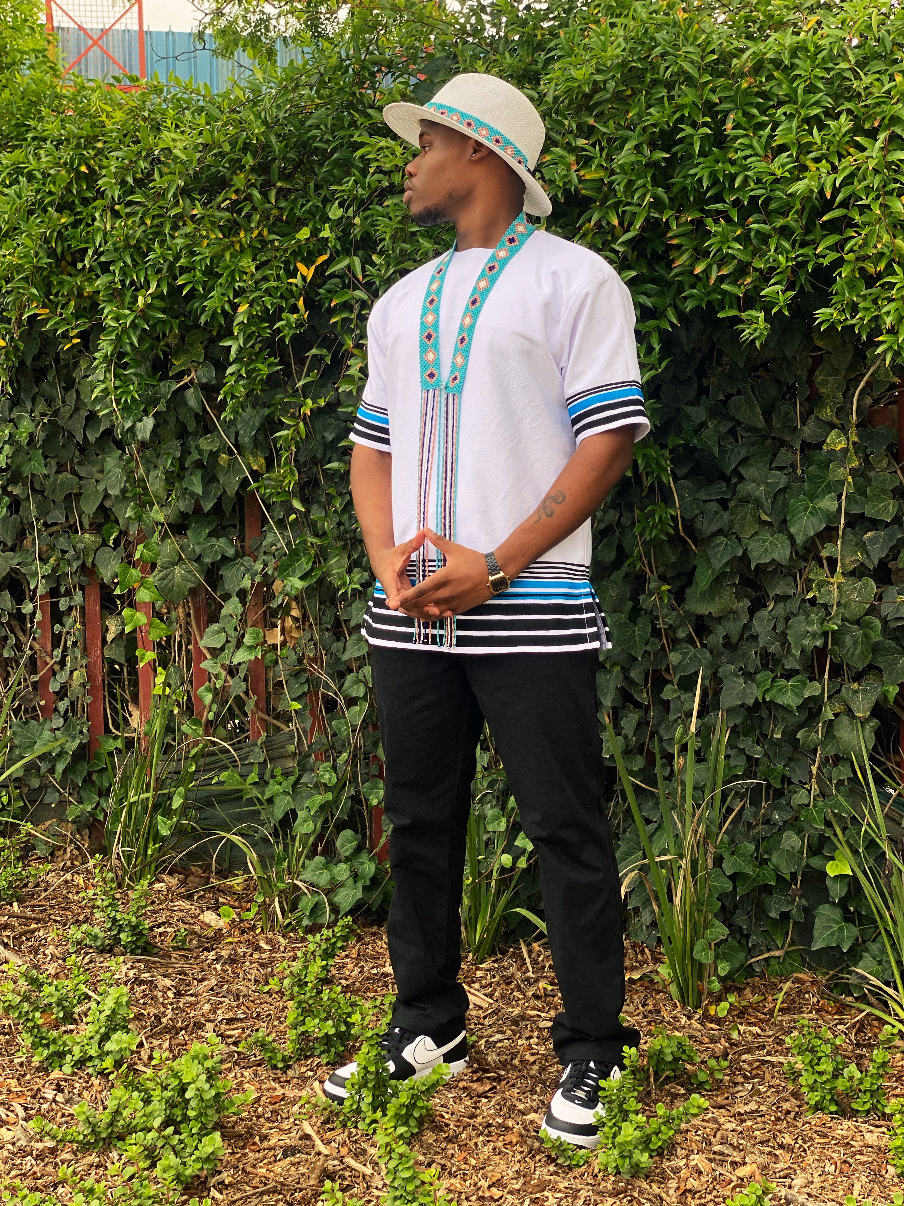 White ,Aqua Blue and Black short sleeve shirt